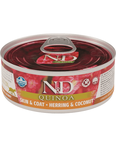 N&D Quinoa Skin & Coat, hering și cocos, conservă 80 g
