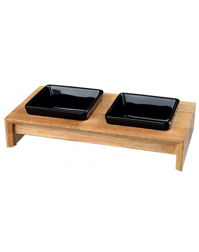 Trixie, set de 2 boluri ceramice în suport din lemn, 2 × 0,2 L