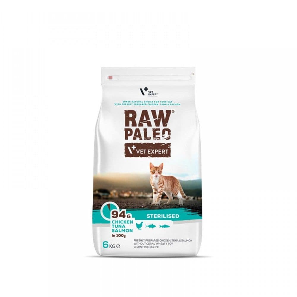 Raw Paleo Sterilised, Pui, Ton și Somon, hrană uscată, 6 kg