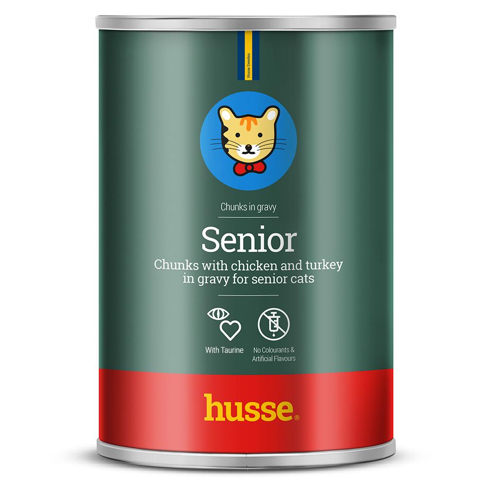 Husse Senior, bucăți cu pui și curcan în sos, conservă 415 g